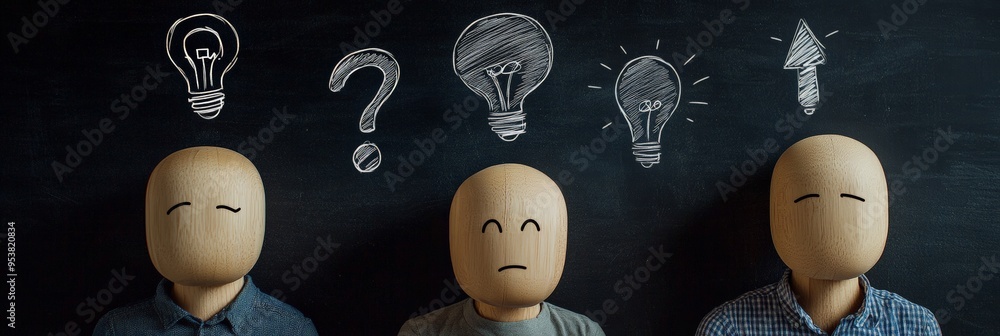 Aufkleber three wooden figures under drawn light bulbs and question marks on a chalkboard. represents brainsto