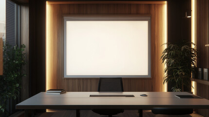 Fototapeta premium A large white screen is on a wall in a room with a wooden paneling
