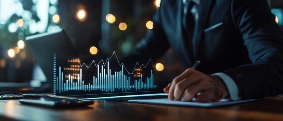 Businessman analyzing financial data with digital graphs on a table, showcasing modern technology in finance and analytics.