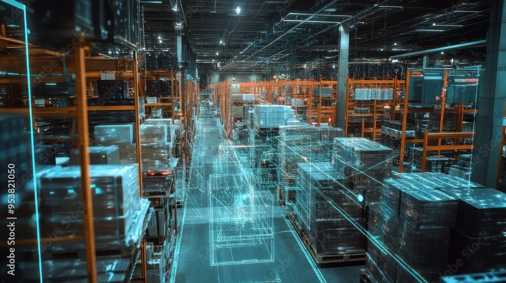 Poster warehouse interior with holographic overlay visualizing data flow