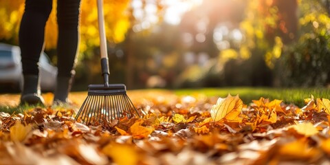 Person Raking Colorful Fallen Leaves in a Sunny Backyard