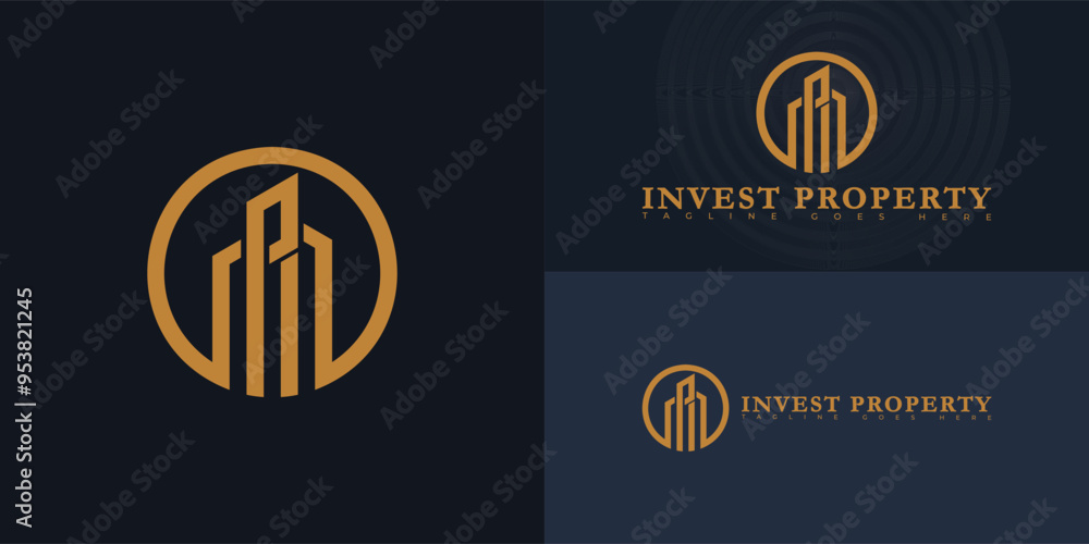 Poster modern circle vector initial letter ip or pi logo in gold color isolated on multiple background colo