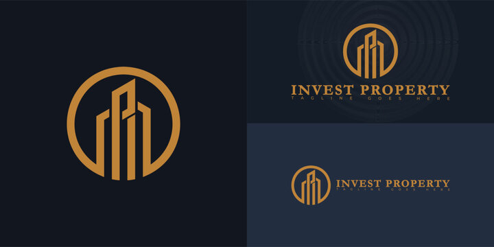 Modern circle vector initial letter IP or PI logo in gold color isolated on multiple background colors. The logo is suitable for property investment company logo design inspiration templates.
