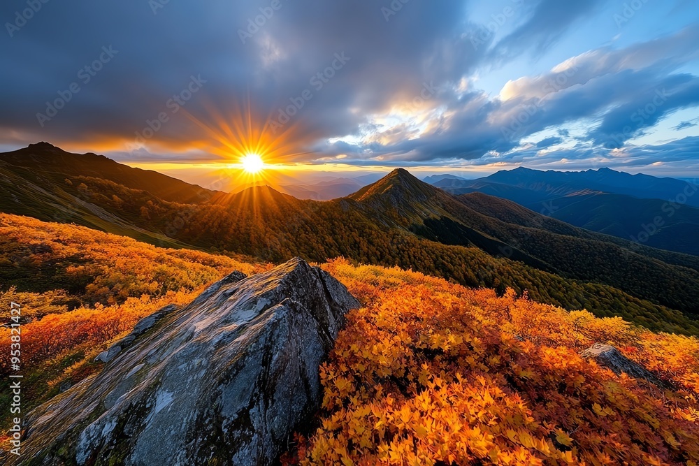 Poster enchanting autumn gold, sunlight, and mountains depicted in a mountain range where the golden light 