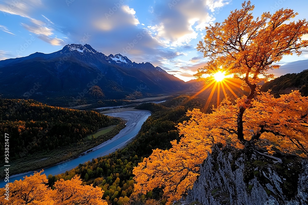 Poster enchanting autumn gold, sunlight, and mountains depicted in a mountain range where the golden light 