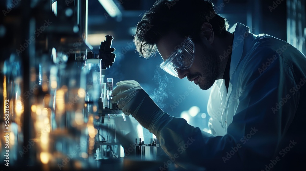Poster a scientist in a lab coat examines a test tube in a laboratory