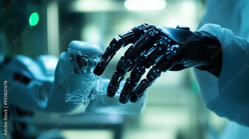 Aufkleber Close-up of Two Robotic Hands Interacting in a Factory Setting
