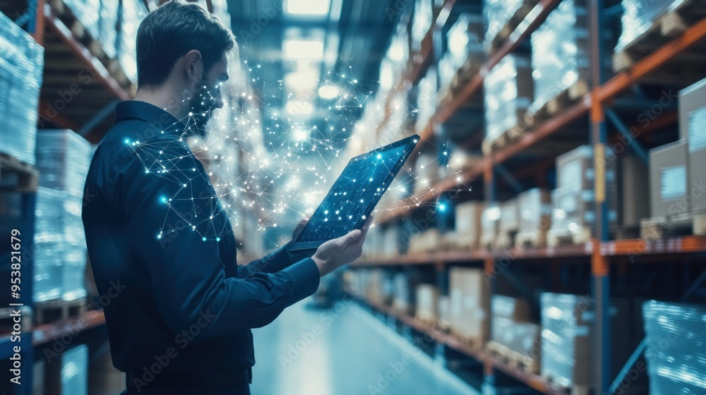 Poster Man Using Digital Tablet in Warehouse with Network Visualization