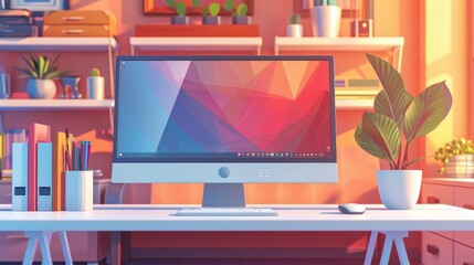 professional office environment with a high-resolution computer monitor, a keyboard, and a mouse on a clean desk