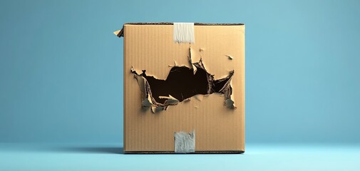 A cardboard box with a large hole torn through it.