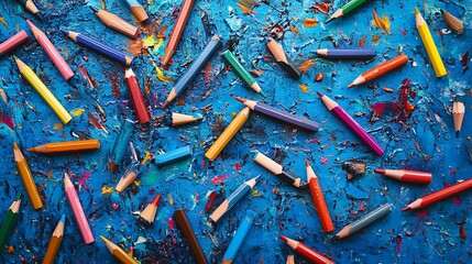 Colorful Pencils Scattered on a Blue Canvas with Paint Splatter