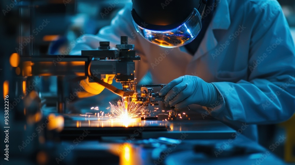 Poster a worker in protective gear operates a machine with sparks