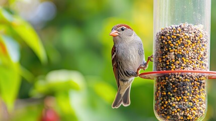 Naklejka premium A zebra finch feeding from a bird feeder in a garden, with its natural habitat in the background.