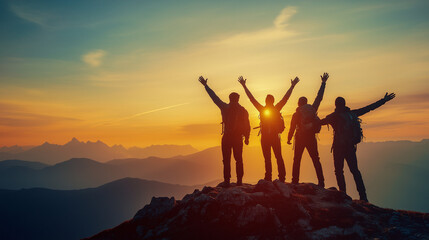 Fototapeta premium A group of four hikers standing on the top of the mountain with their arms raised up in the air during the twilight sunset