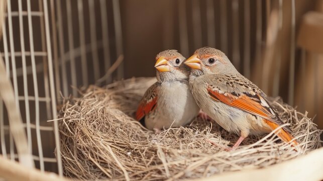 A pair of zebra finches building a nest in a cage, highlighting their nesting behavior.