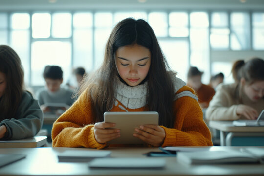 Focused young female student using digital tablet during class at school - Powered by Adobe