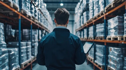 A Warehouse Worker Holding a Tablet in Front of a Pallet Rack