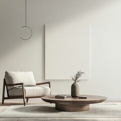 A modern living area with a low coffee table and a single armchair