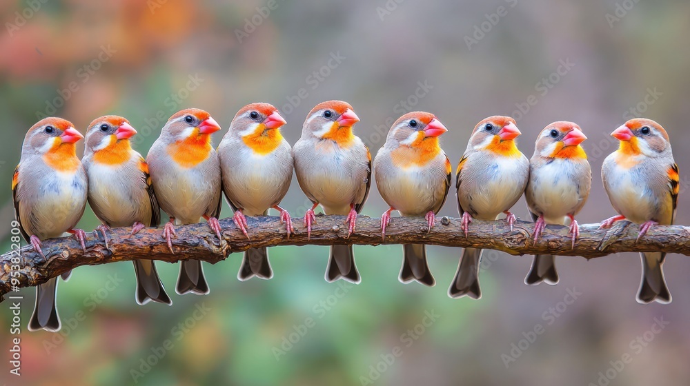 Poster a group of zebra finches perched together on a branch, creating a lively and colorful scene.