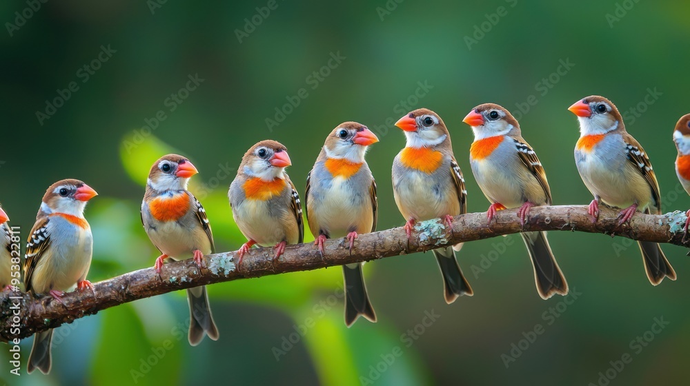 Poster a group of zebra finches perched together on a branch, creating a lively and colorful scene.