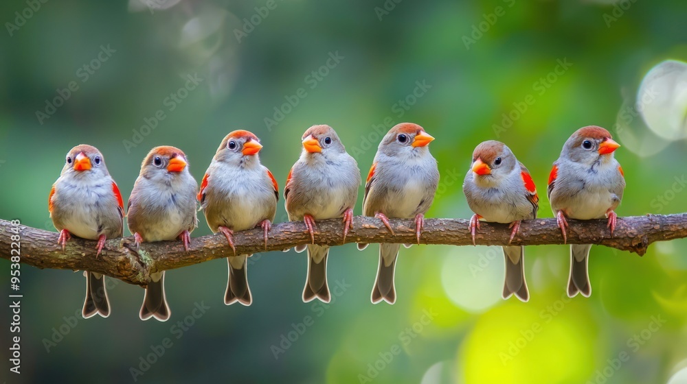Poster a group of zebra finches perched together on a branch, creating a lively and colorful scene.