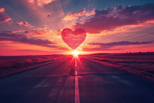 Romantic sunset landscape with heart shaped sky and road.