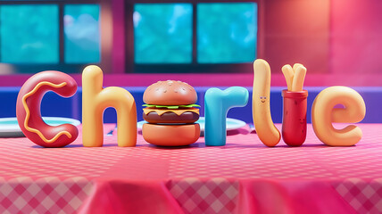 playful, fun 3d typography of name Charlie made from fast food items on diner table, pink gingham 