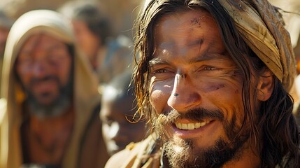Fototapeta premium The blind man’s joyful realization as he opens his eyes to see for the first time, with Jesus smiling beside him, the background softly glowing with warm light,