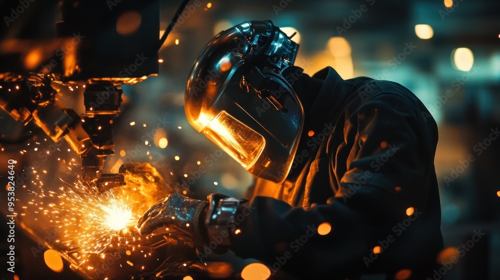 Poster a welder works with sparks flying from a machine in an industrial setting