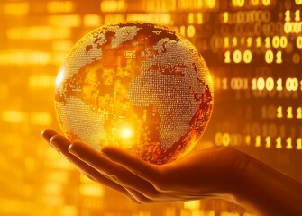 A hand holding a glowing globe overlays a digital world map with binary code on an orange background, symbolizing global network connections and data transfer technology