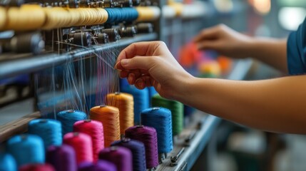 A worker's hand threading a sewing machine with colored thread spools