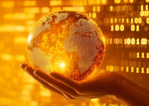 A hand holding a glowing globe overlays a digital world map with binary code on an orange background, symbolizing global network connections and data transfer technology - Powered by Adobe