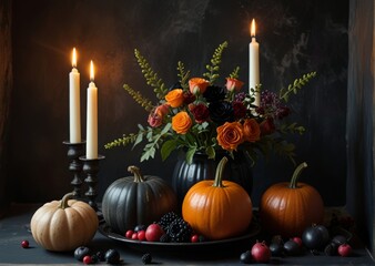 autumn still life, candles, pumpkins, Halloween