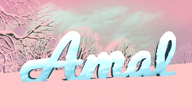 winter typography of name Amal in a snowy landscape with pastel sky