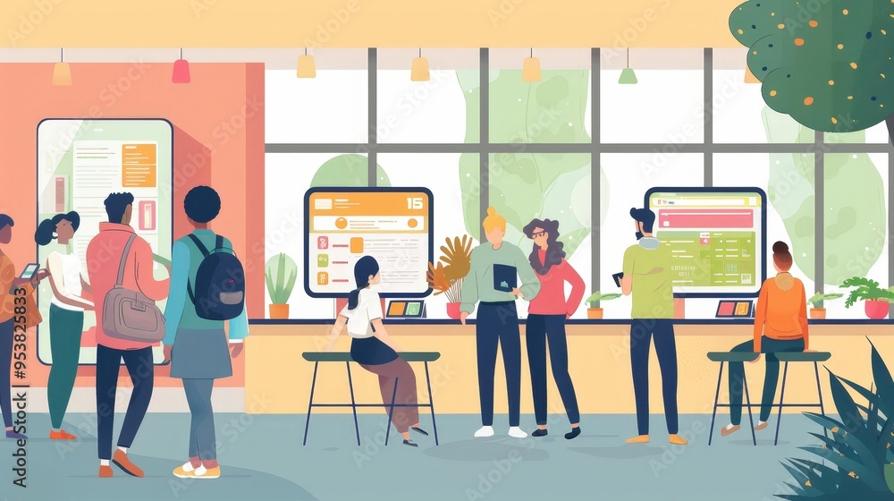 Poster tech-savvy community center with smart devices like touchscreens and digital boards used by resident