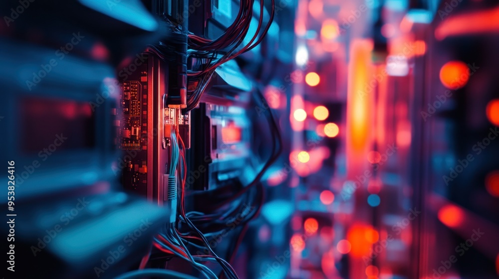 Poster close-up of server racks with colorful lights and cables