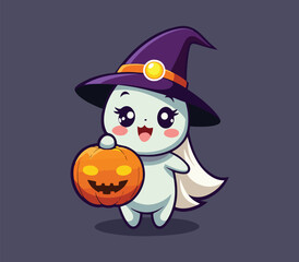 halloween pumpkin with witch vector cartoon