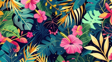 tropical pattern featuring a mix of tropical leaves, flowers, and abstract shapes.