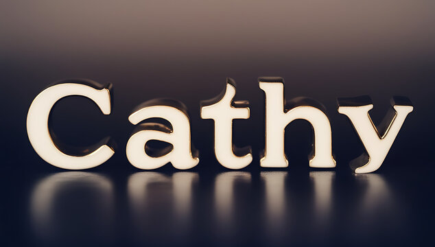 3d white typography of girls name Cathy in elegant script, dark reflective background