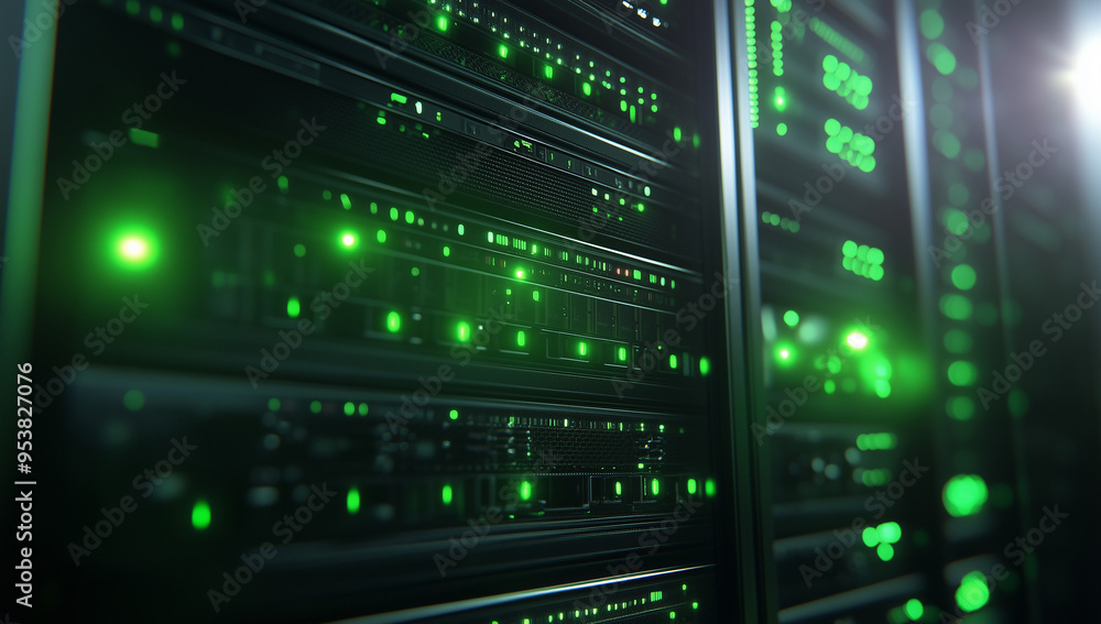 Poster a close-up view of the back side of two rows of server cabinets, featuring green lights glowing from