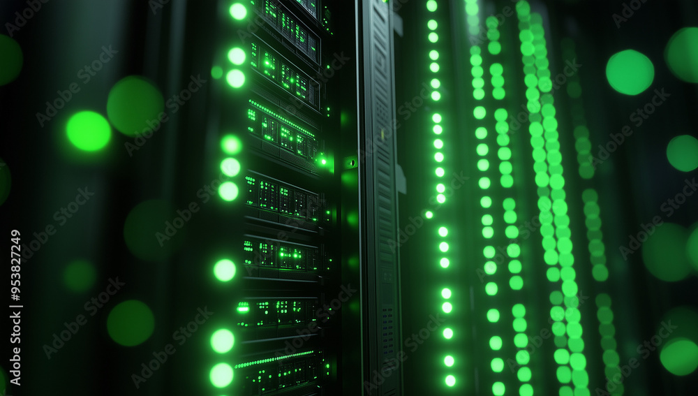 Poster a close-up view of the back side of two rows of server cabinets, featuring green lights glowing from