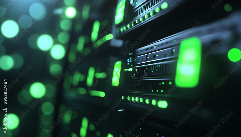 Poster a close-up view of the back side of two rows of server cabinets, featuring green lights glowing from