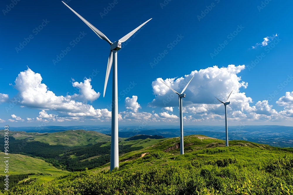 Poster energy illustration wind, turbines, and power generation visualized in a dynamic landscape where lar