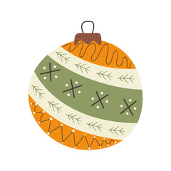 Christmas tree toy with cute decor. Happy new year decoration in retro colors flat style with . Christmas sticker - holiday symbol icon. illustration