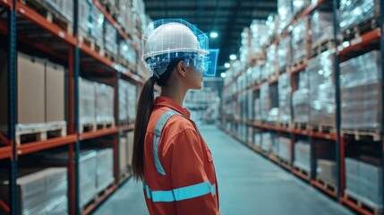 Female Warehouse Worker Wearing a Hard Hat and Augmented Reality Glasses