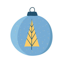 Christmas tree toy. Happy new year decoration in retro colors flat style with yellow tree . Christmas sticker - holiday symbol icon. illustration