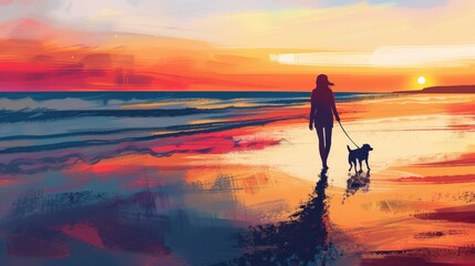 woman walking her dog on a beach, with the dog running along the shoreline and the woman enjoying the ocean breeze and sunset