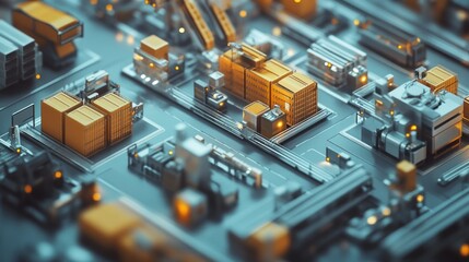 Miniature Model of a Cityscape with Industrial Buildings and Vehicles