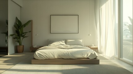Minimalist Bedroom Interior with a Large Bed and a Blank Canvas