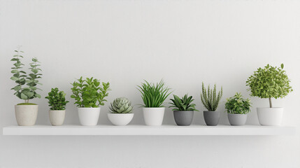 Mocap of bio-engineered plants neatly arranged on a white modern shelf